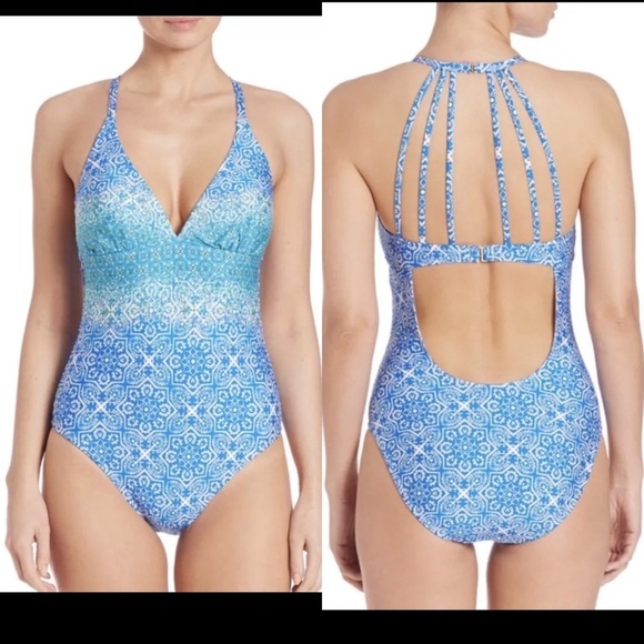 La Blanca Blue and White One Piece Swimsuit - Picture 1 of 8